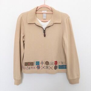 VTG Koret Womens Sweater Size S Beige Collared Zip Cabin Embroidered Boho‎ Retro